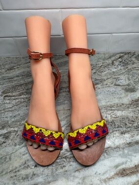 Steve Madden Beaded leather Ankle Strap Sandals - Yellow & Red Pattern 7.5